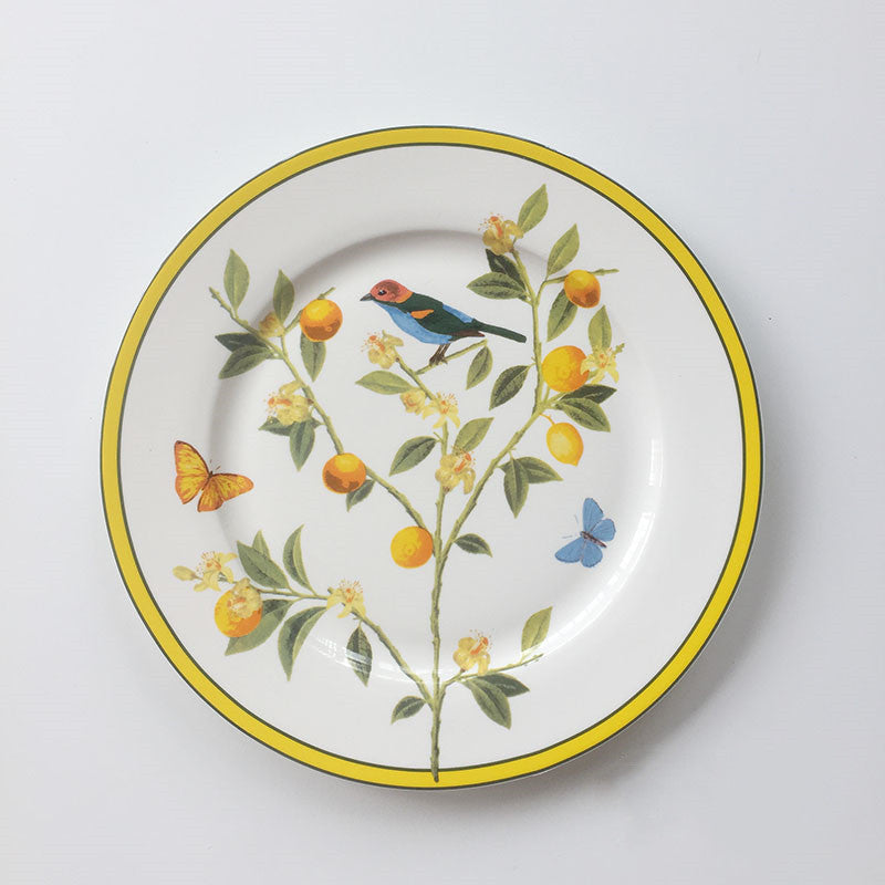 ceramic lemon & bird plate – round overglaze design