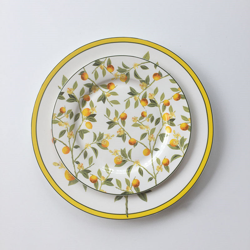 ceramic lemon & bird plate – round overglaze design