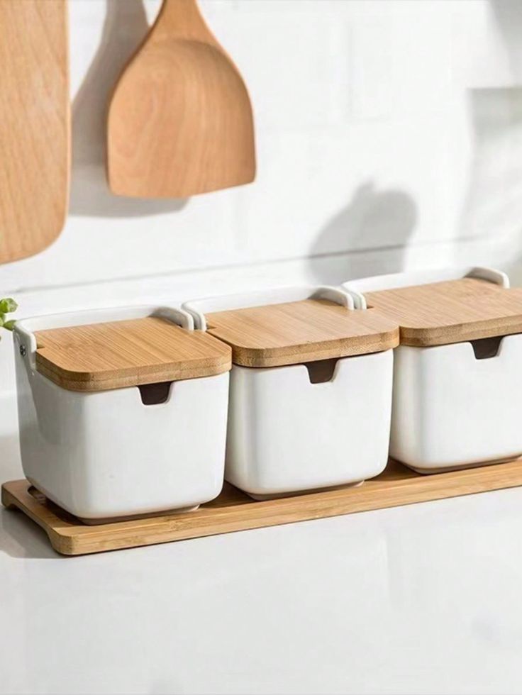 set of 3 ceramic seasoning jars – with spoons + writable labels