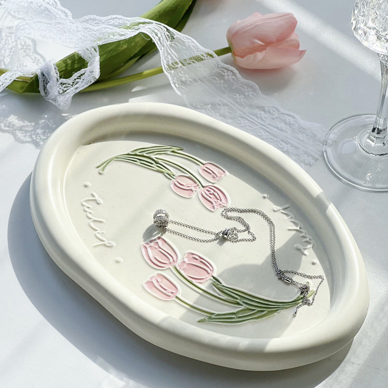 french-style floral ceramic plate – calla & tulip relief (27cm)