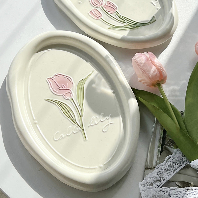 french-style floral ceramic plate – calla & tulip relief (27cm)